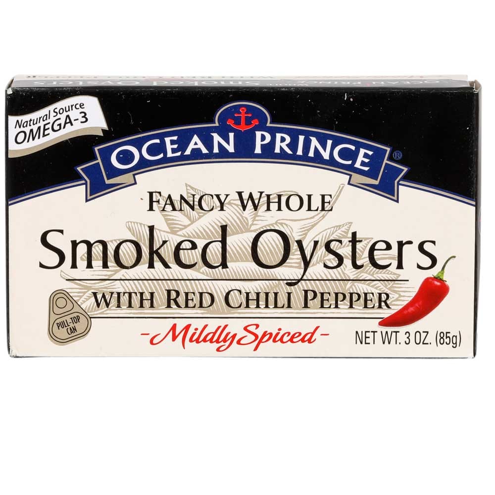Ocean Prince Fancy Whole Smoked Oysters with Red Chili Pepper, 3 oz
