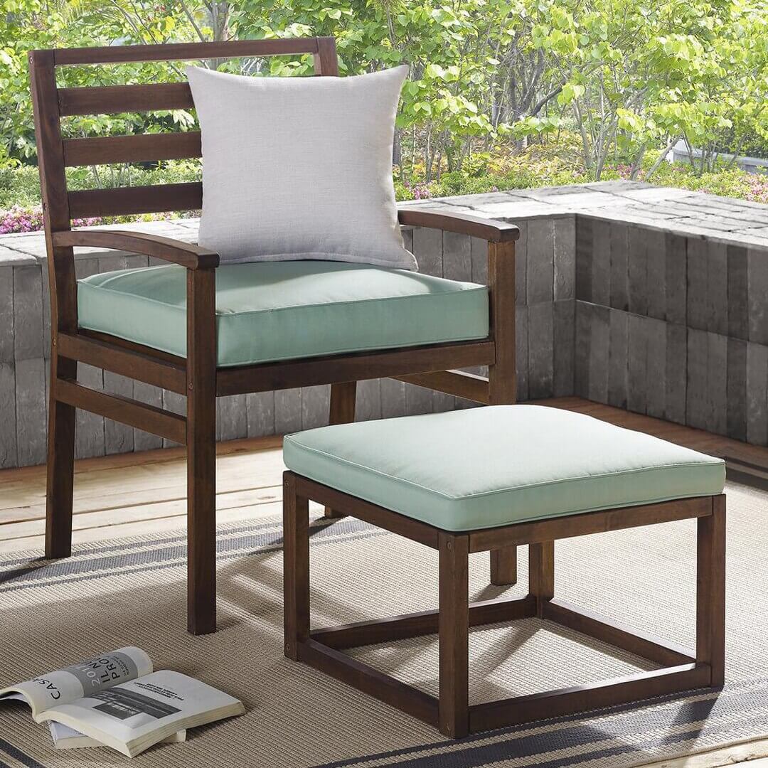 Walker Edison Acacia Wood Outdoor Patio Chair and Pull-Out Ottoman, Dark Brown & Blue