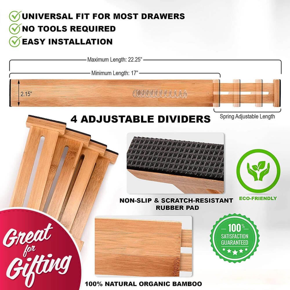 Homemaid Living 100% Bamboo Drawer Dividers, Set of 4, Natural
