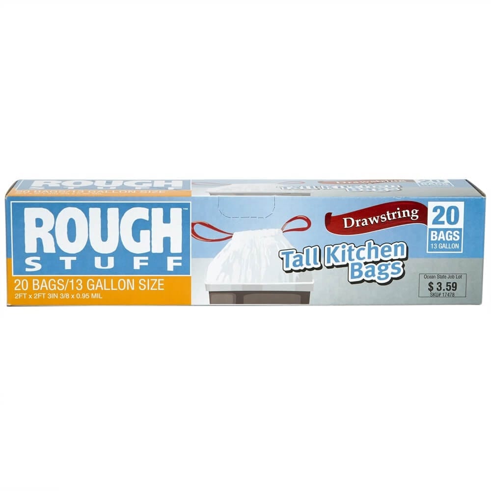 Rough Stuff 13 Gal Tall Kitchen Trash Bags with Drawstring, 20 Count