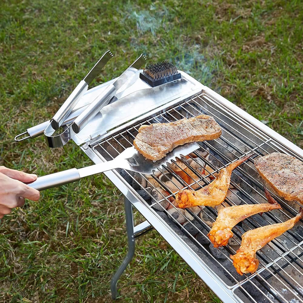 3-Piece Stainless Steel BBQ Tool Set with Spatula, Tongs & Brush