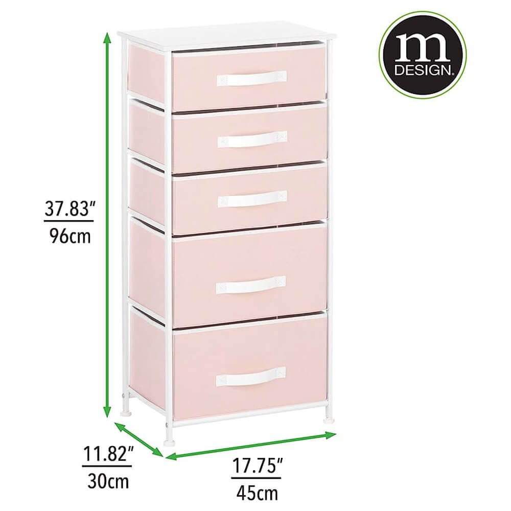 mDesign 5-Drawer Tall Storage Unit, Pink/White