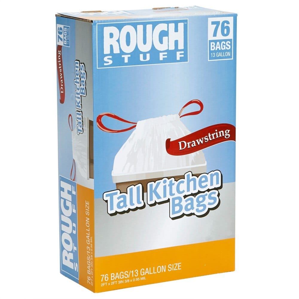 Rough Stuff 13 Gal Tall Kitchen Trash Bags with Drawstring, 76 Count
