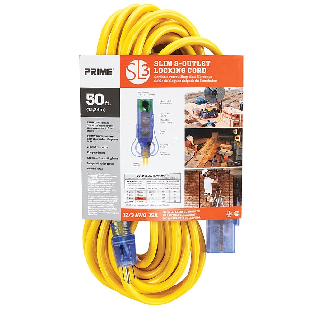 Prime Slim 3-outlet Locking Extension Cord, 50'