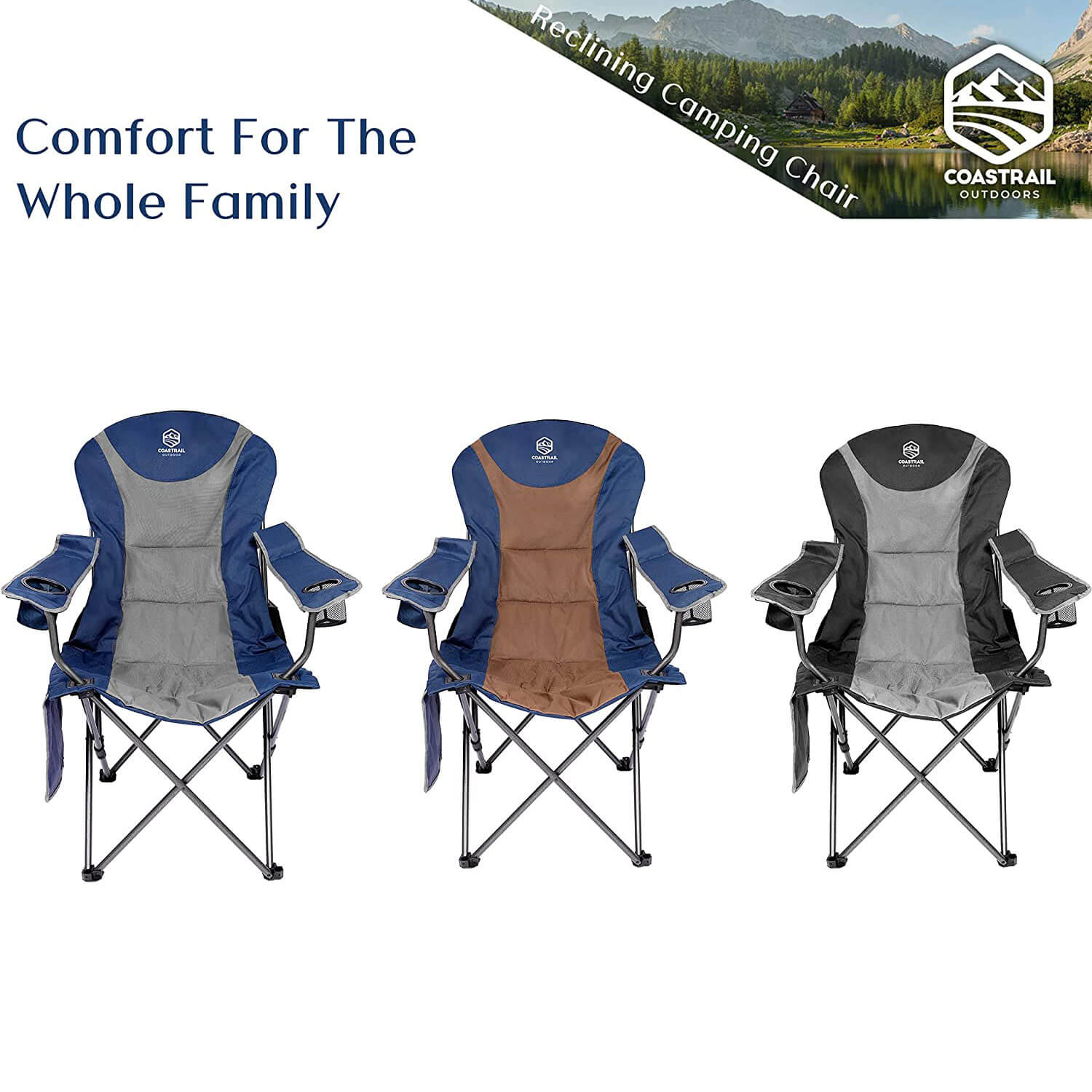 Coastrail Outdoor 3-Position Reclining Camp Chair with Cup Holders, Blue/Brown