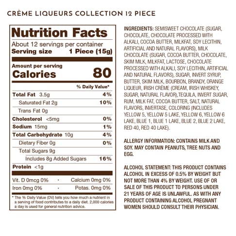 Nutrition Facts, Allergy and Ingredients Label on Cr?me Liqueurs Collection 12 piece.