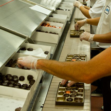 Factory workers packing chocolate boxes