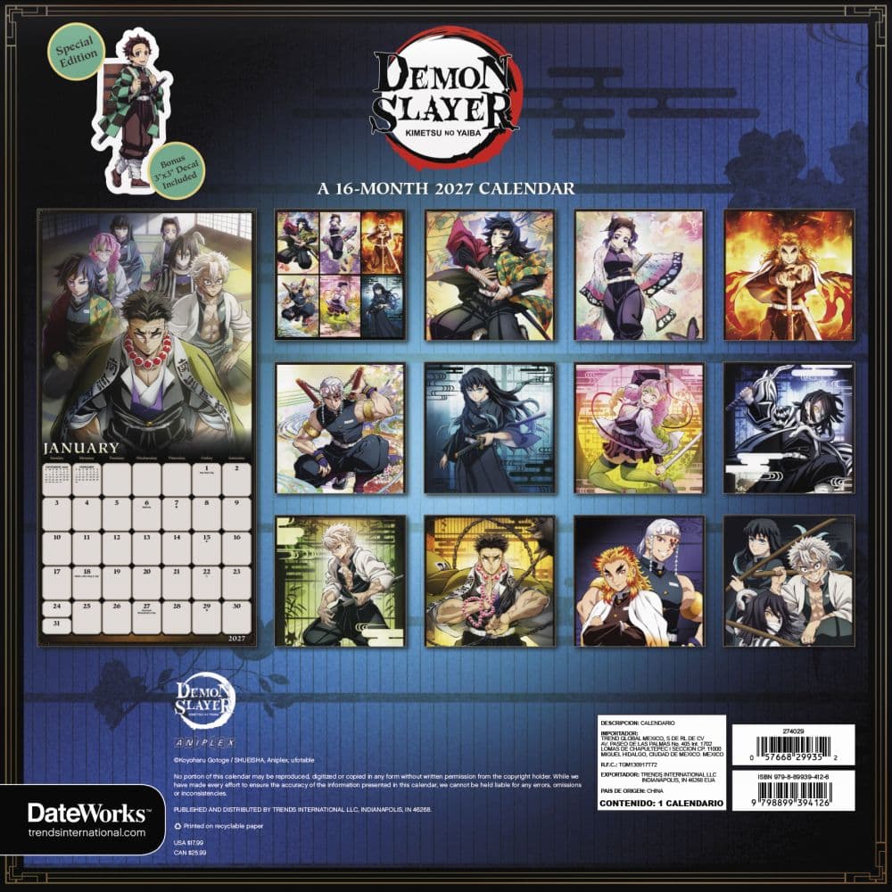 Demon Slayer Kimetsu no Yaiba Exclusive with Bonus Print 2027 Wall Calendar First Alternate Image