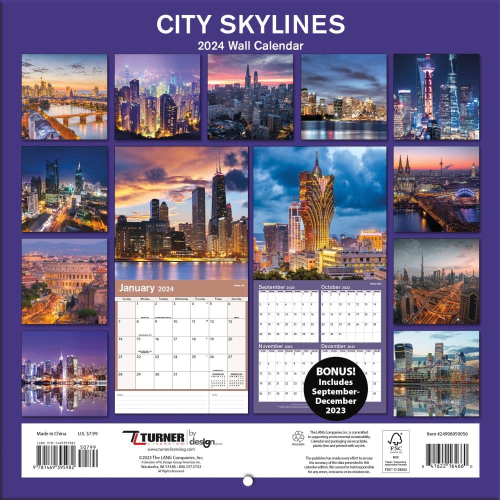 TURNER LICENSING, City Skylines 2024 Mini Wall Calendar 13.26 PicClick