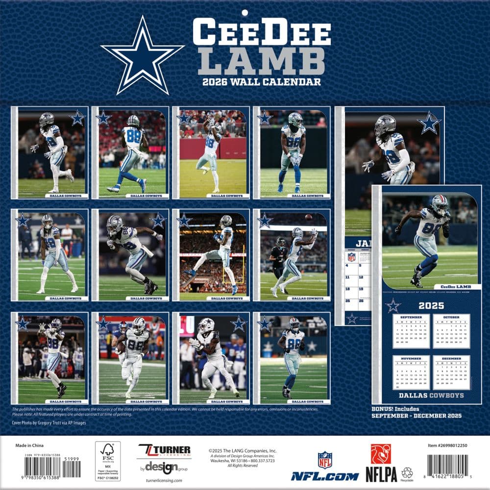 NFL Dallas Cowboys CeeDee Lamb 2026 Wall Calendar First Alternate Image