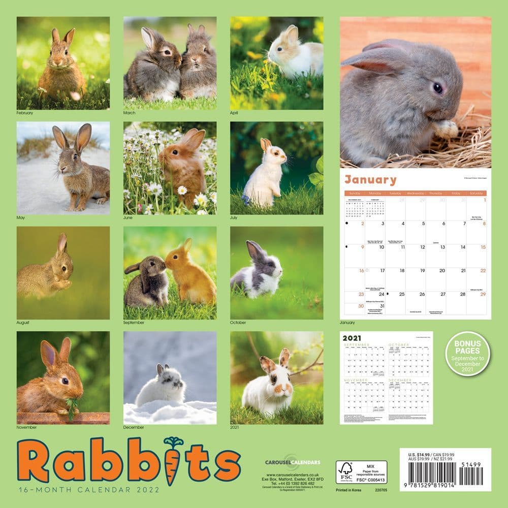 Rabbits Calendar 2022 Cute Pet Wall 15% OFF MULTI ORDERS! 