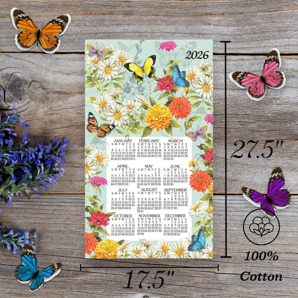 Butterfly Garden 2026 Calendar Towel, 17.5'' X 27.5'', 12-Month Calendar with Stapled Binding