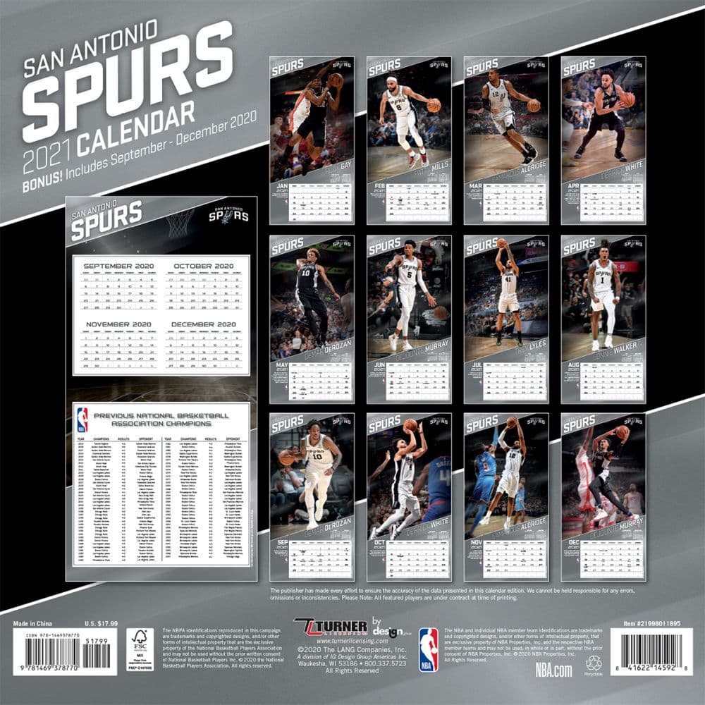 San Antonio Spurs Team Wall Calendar - Calendars.com