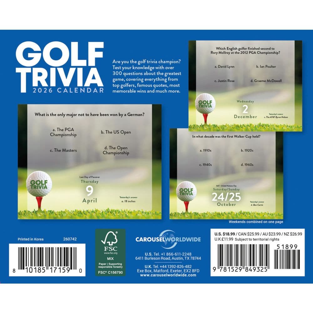 Golf Trivia 2026 Desk Calendar First Alternate Image