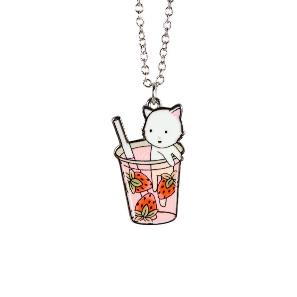White Cat in Strawberry Cup Necklace Silver
