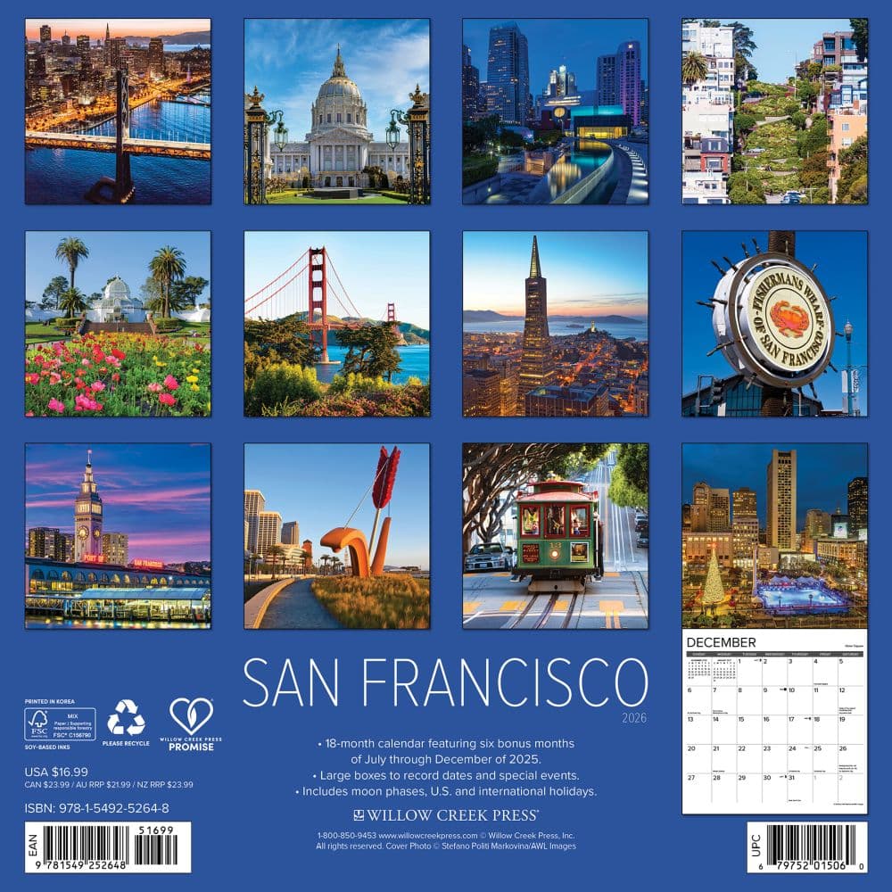 San Francisco 2026 Wall Calendar, 12'' X 12'', 18-Month Calendar with Stapled Binding