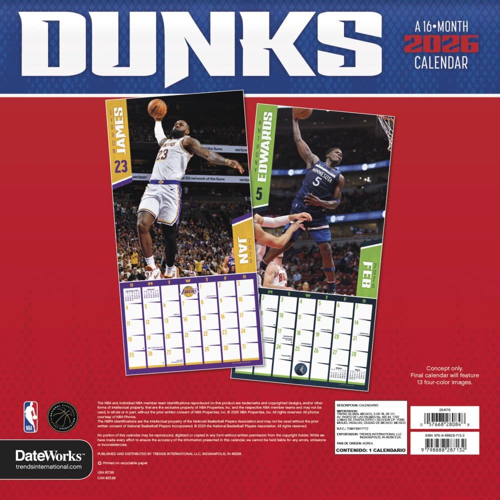 NBA Dunks 2026 Wall Calendar First Alternate Image