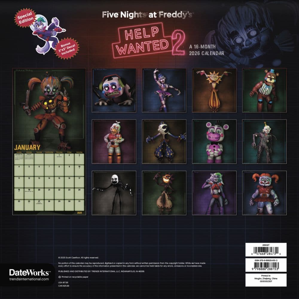 Five Nights At Freddys 2 Exclusive With Decal 2026 Wall Calendar First Alternate Image
