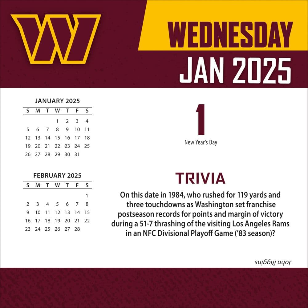 NFL Washington Football Team 2025 Desk Calendar January 1