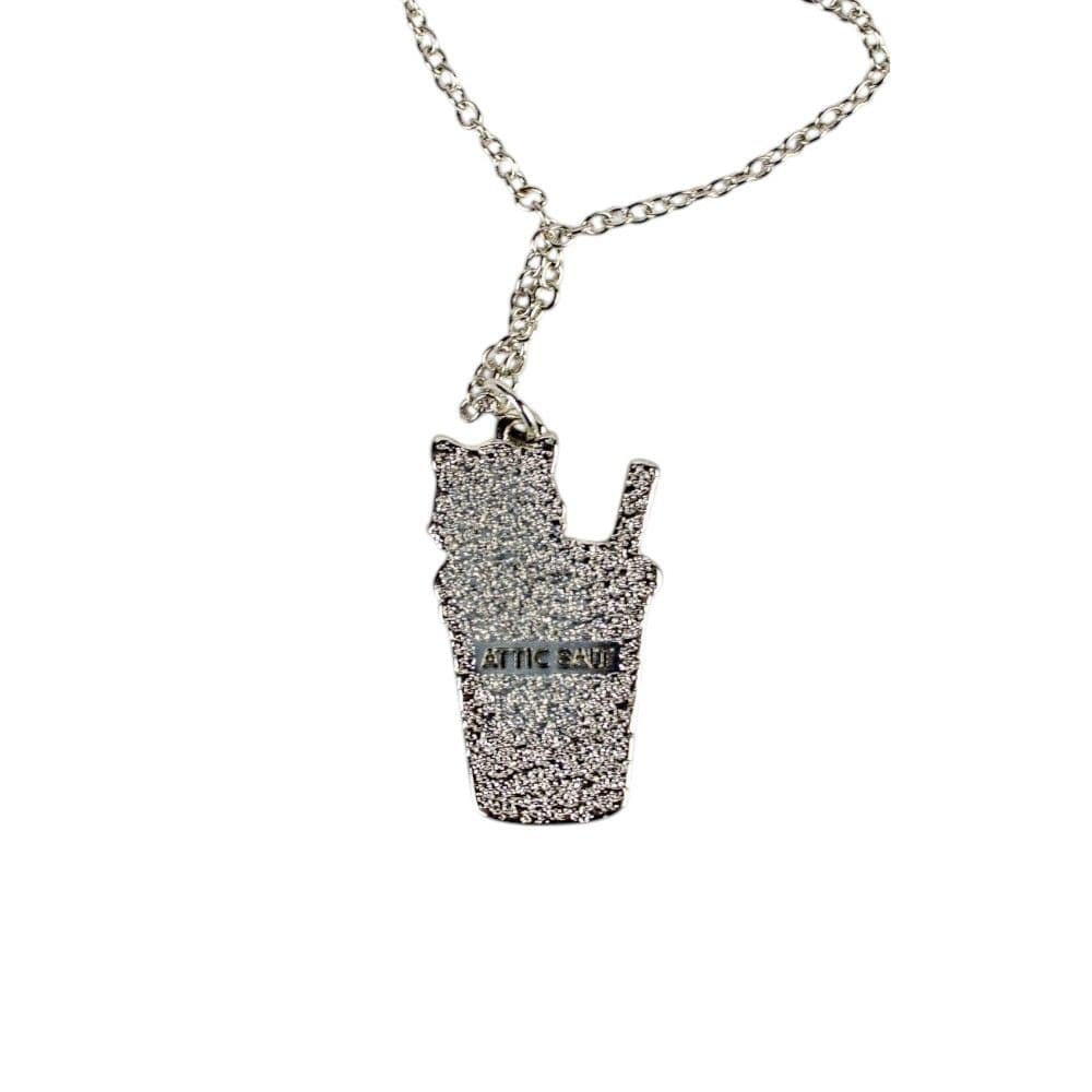 White Cat in Strawberry Cup Necklace Silver back