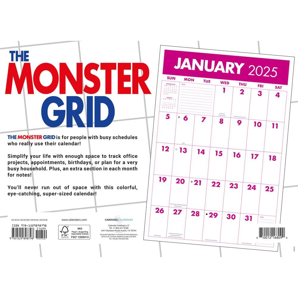 Monster Grid 2025 Wall Calendar