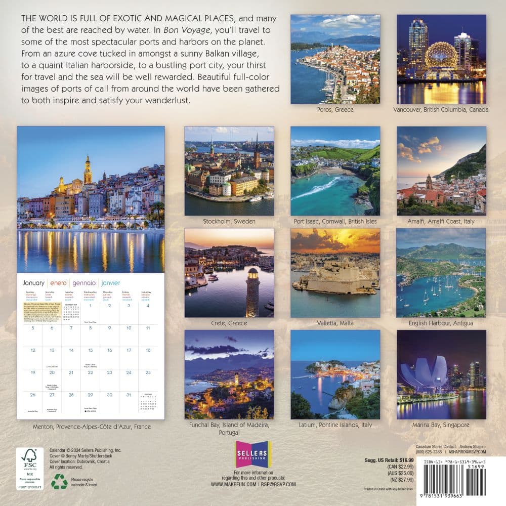 Bon Voyage Seaside Destinations Around World 2025 Wall Calendar