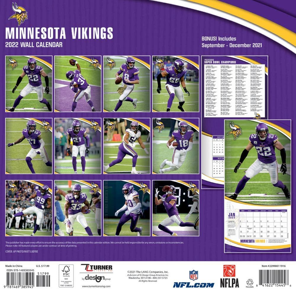 Mn Vikings Schedule 2022 Minnesota Vikings 2022 Wall Calendar - Calendars.com