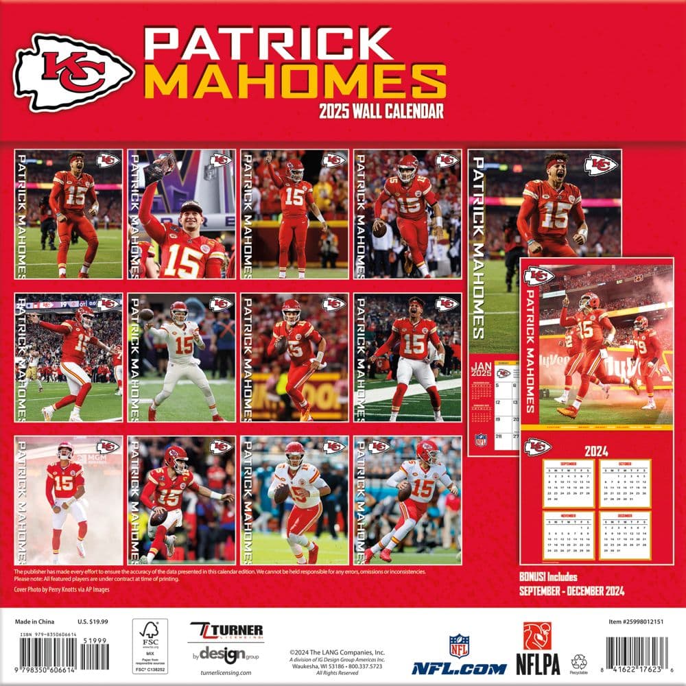 NFL Patrick Mahomes 2025 Wall Calendar