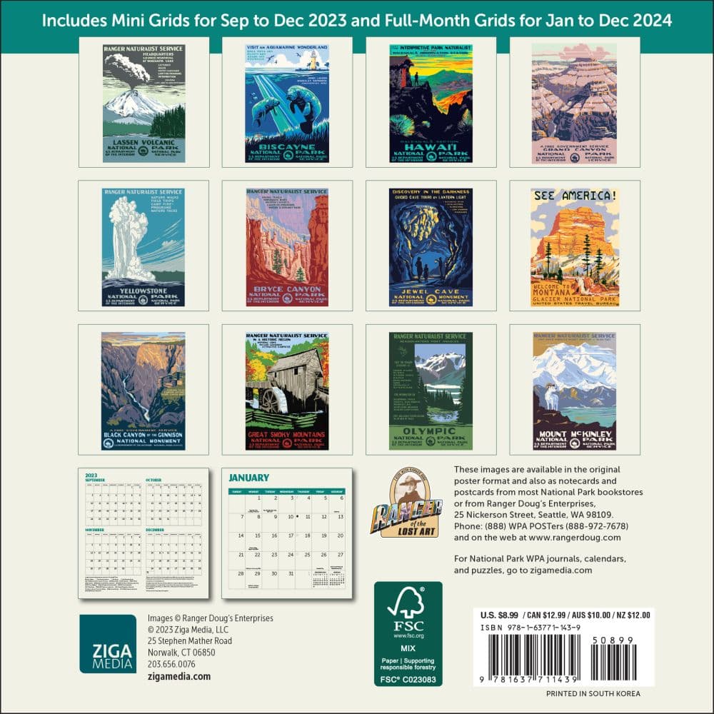 Natl Parks Poster Art WPA 2024 Mini Wall Calendar back