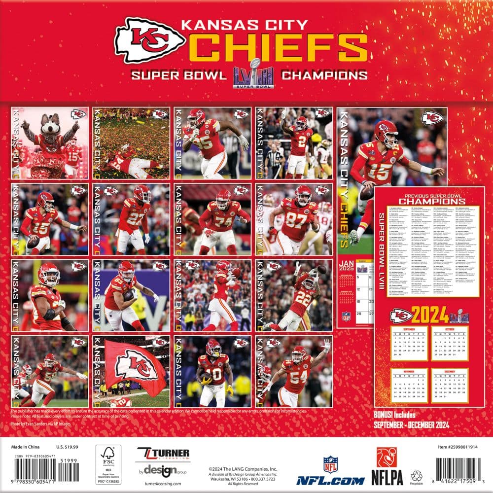 NFL Kansas City Chiefs 2025 Wall Calendar back cover