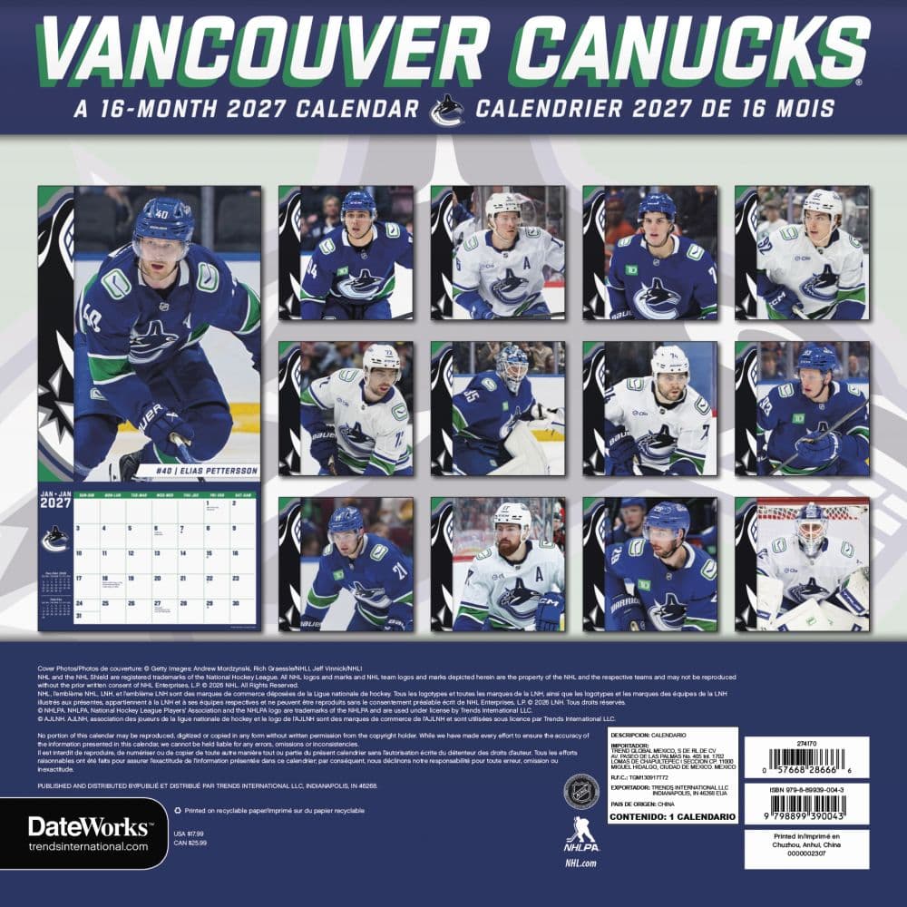 Vancouver Canucks Bilingual French 2027 Wall Calendar First Alternate Image