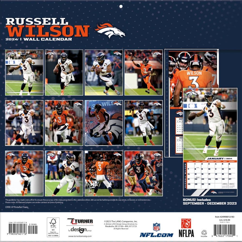 Denver Broncos Russell Wilson 2024 Wall Calendar