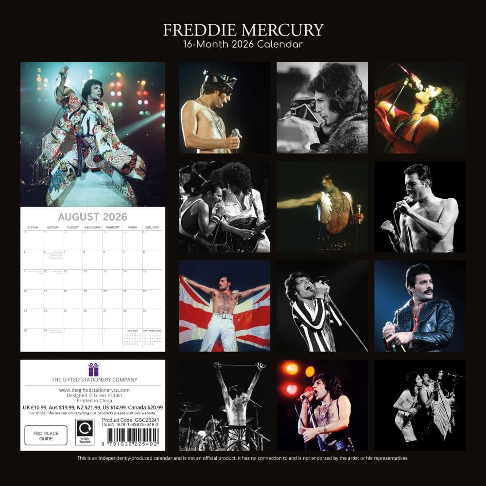 Freddie Mercury 2026 Wall Calendar, 12'' X 12'', 16-Month Calendar with Stapled Binding