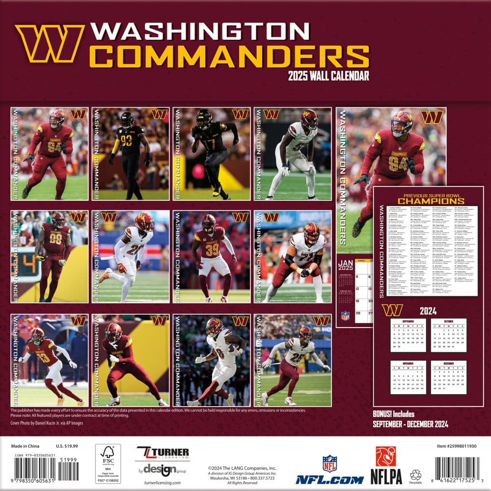 NFL Washington Football Team 2025 Wall Calendar back cover