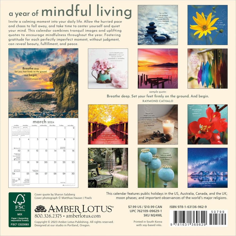 Mindful Living Year of 2024 Mini Wall Calendar back