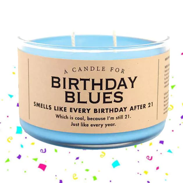 Birthday Blues 2 Wick Candle on a confetti background