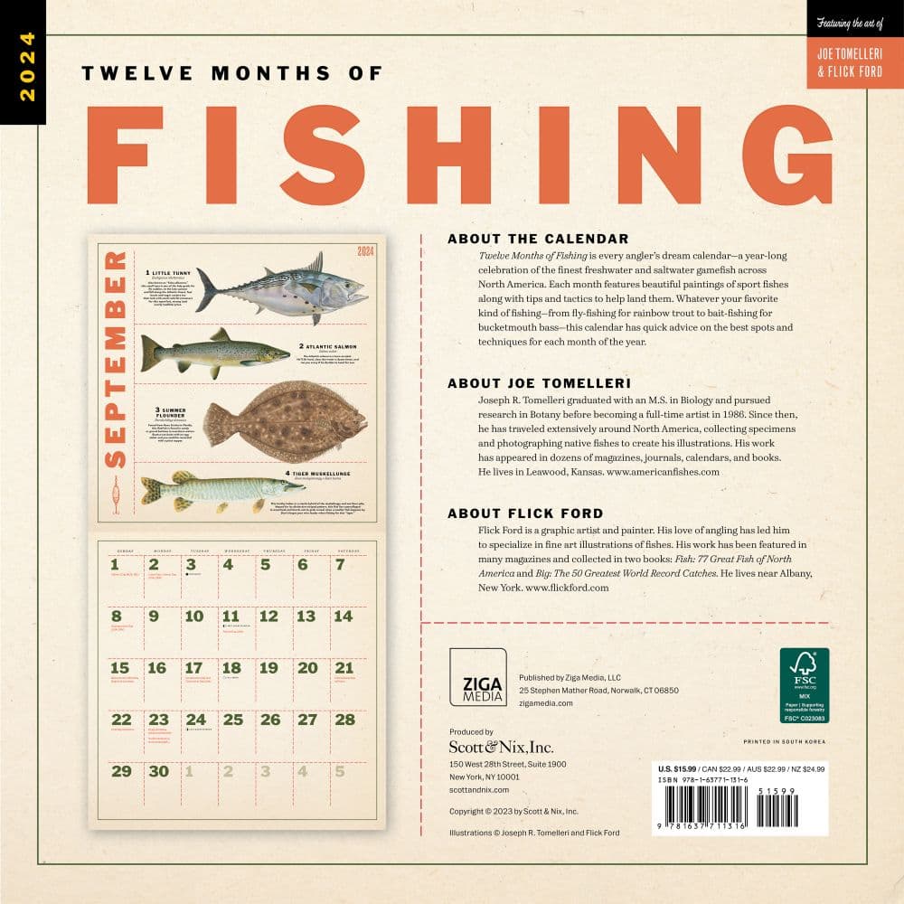 Fishing Illustrations 2024 Wall Calendar back