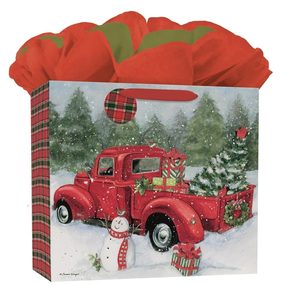 Christmas Gift Bags, Truck with Tree Design, Coordinating Tissue Paper