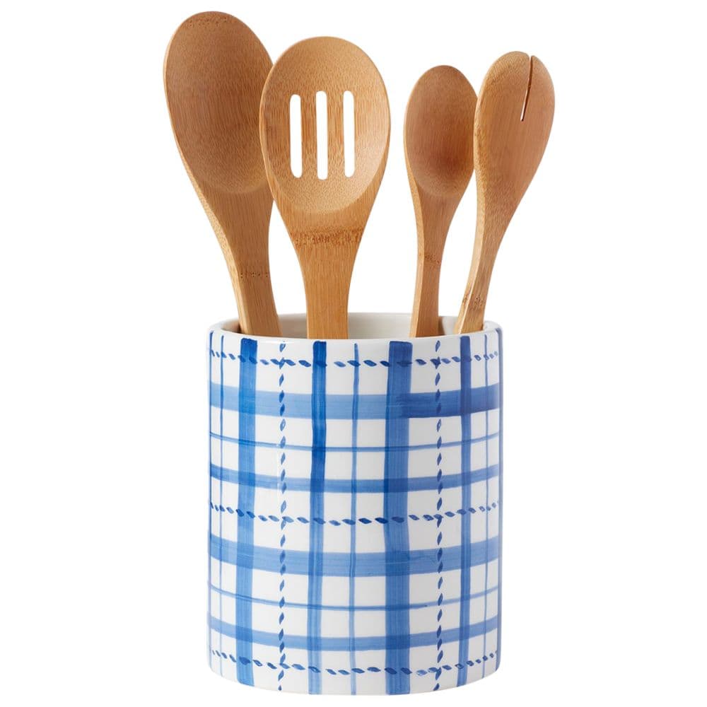 Americana Utensil Holder main image with spoons and blue and white checkerboard pattern width="1000" height="1000"