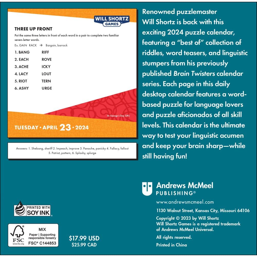 Will Shortz Games Brain Twisters 2024 Desk Calendar