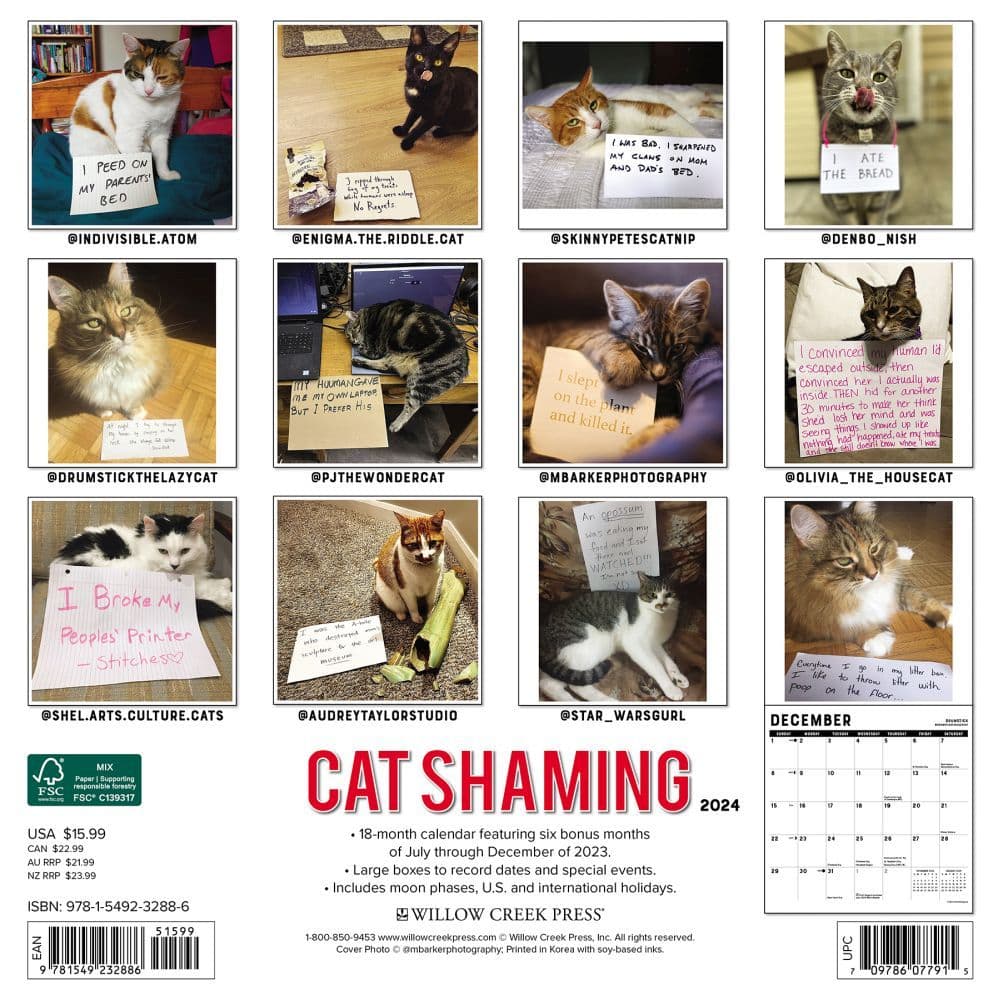 Cat Shaming 2024 Wall Calendar Back of Calendar width=&quot;1000&quot; height=&quot;1000&quot;