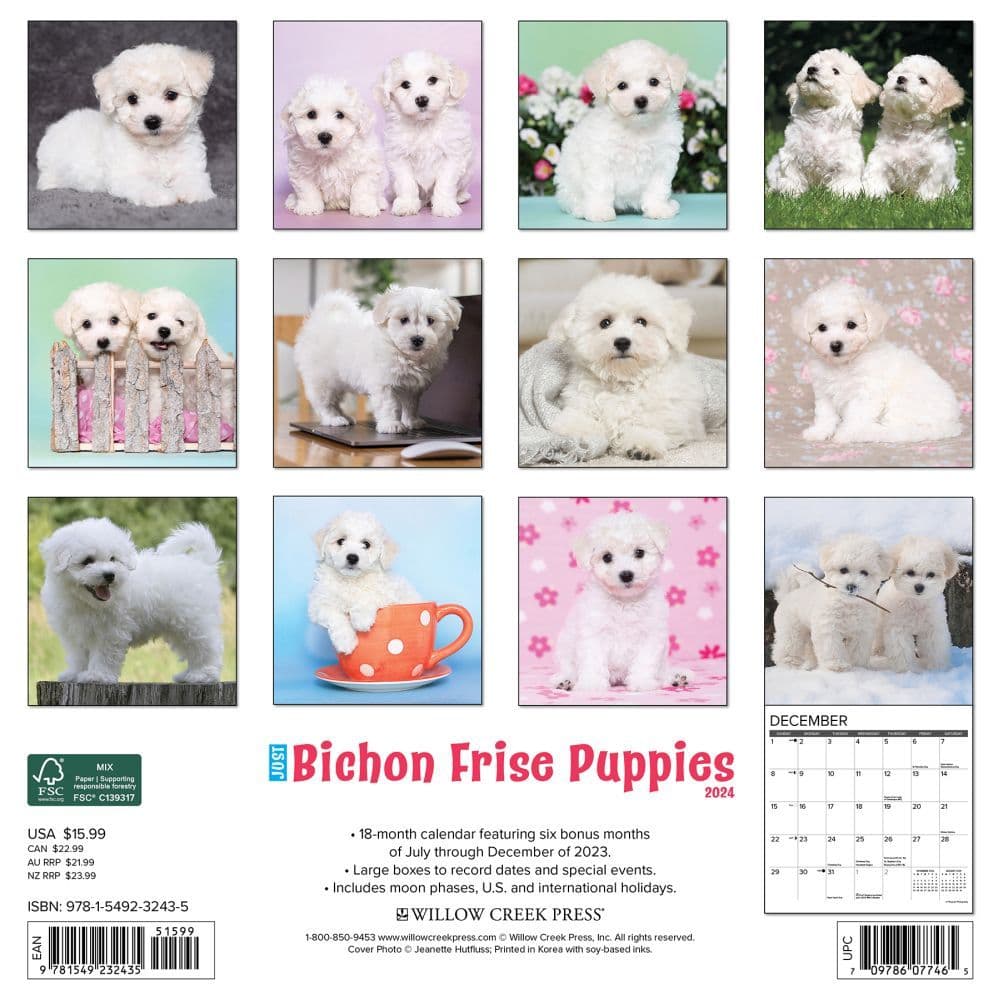 Just Bichon Frises Puppies 2024 Wall Calendar Back of Calendar width=&quot;1000&quot; height=&quot;1000&quot;