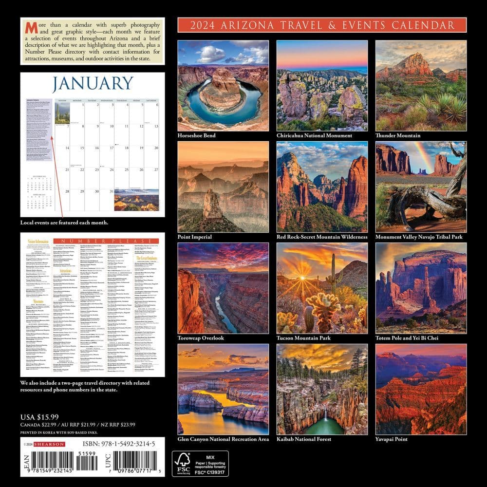 Arizona Travel &amp; Events 2024 Wall Calendar Back of Calendar width=&quot;1000&quot; height=&quot;1000&quot;