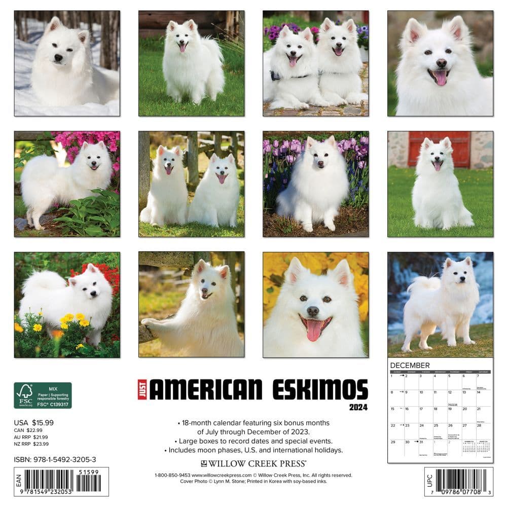 Just American Eskimo Dogs 2024 Wall Calendar Back of Calendar width=&quot;1000&quot; height=&quot;1000&quot;
