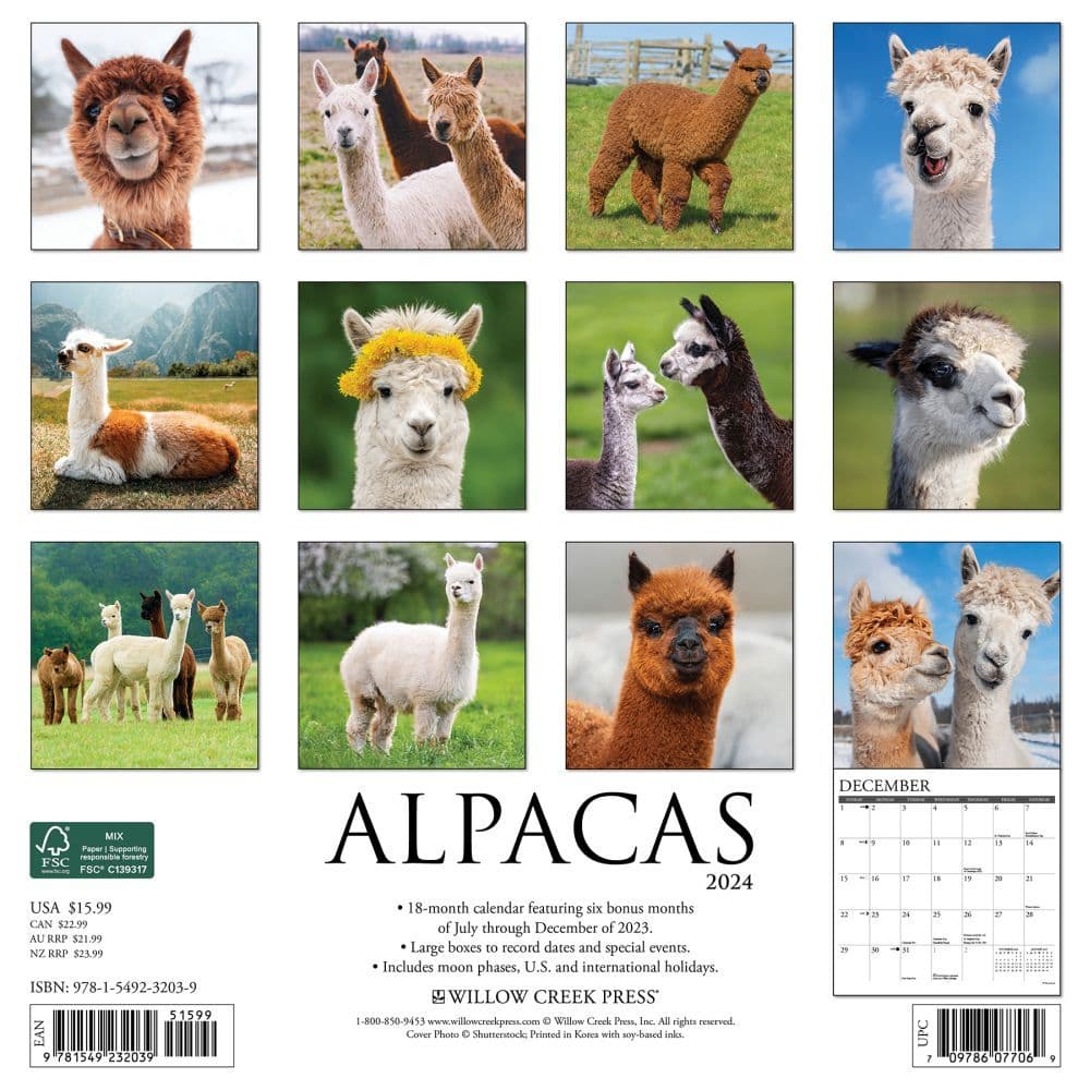 Alpacas 2024 Wall Calendar Back of Calendar width=&quot;1000&quot; height=&quot;1000&quot;