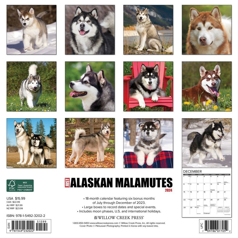 Alaskan Malamutes 2024 Wall Calendar Back of Calendar width=&quot;1000&quot; height=&quot;1000&quot;