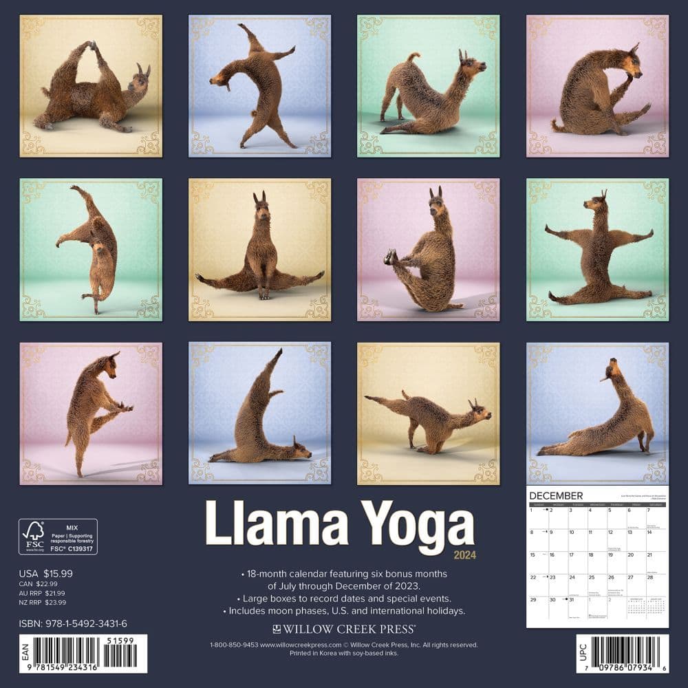 Llama Yoga 2024 Wall Calendar Back of Calendar width=&quot;1000&quot; height=&quot;1000&quot;