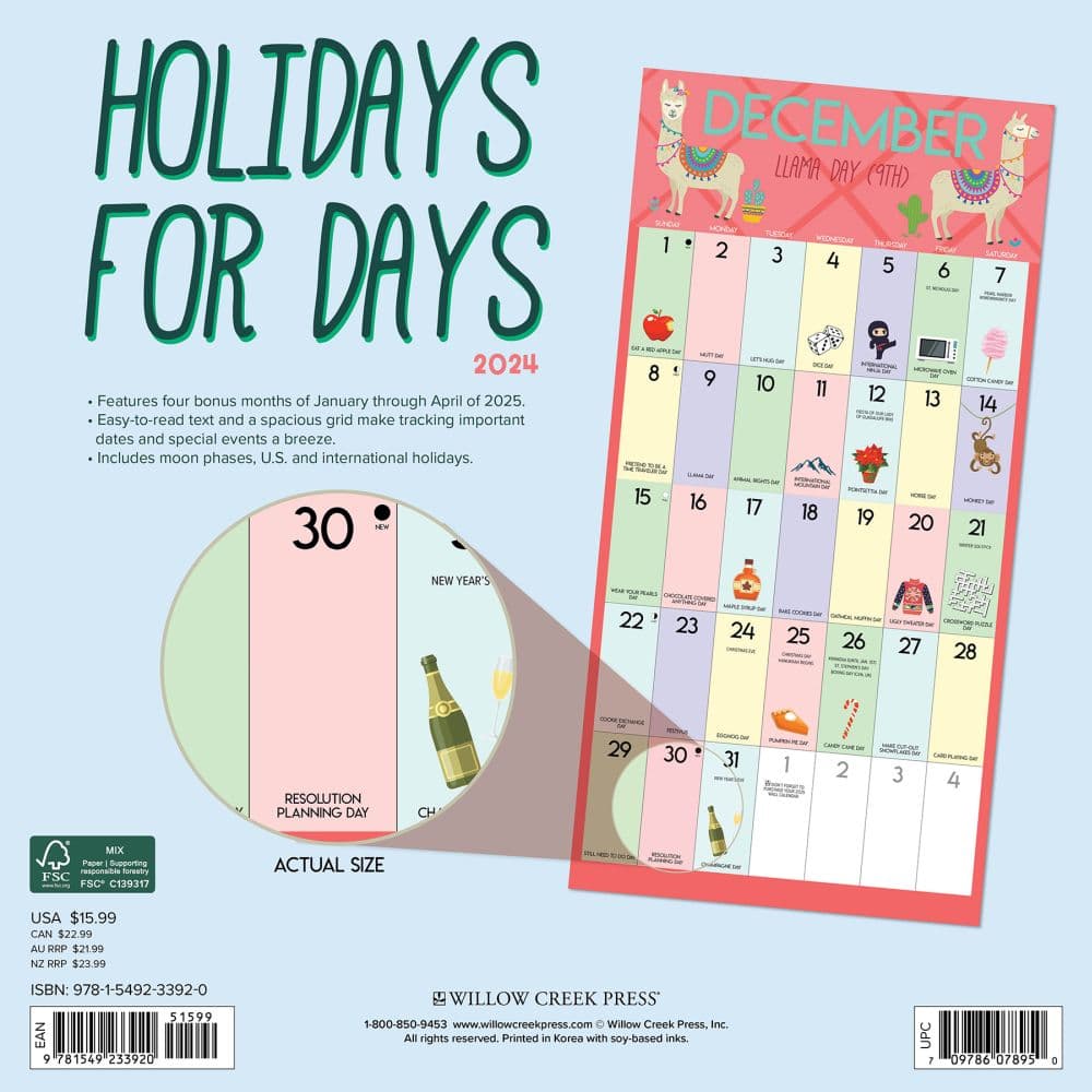 Holidays for Days 2024 Wall Calendar Back of Calendar width=&quot;1000&quot; height=&quot;1000&quot;