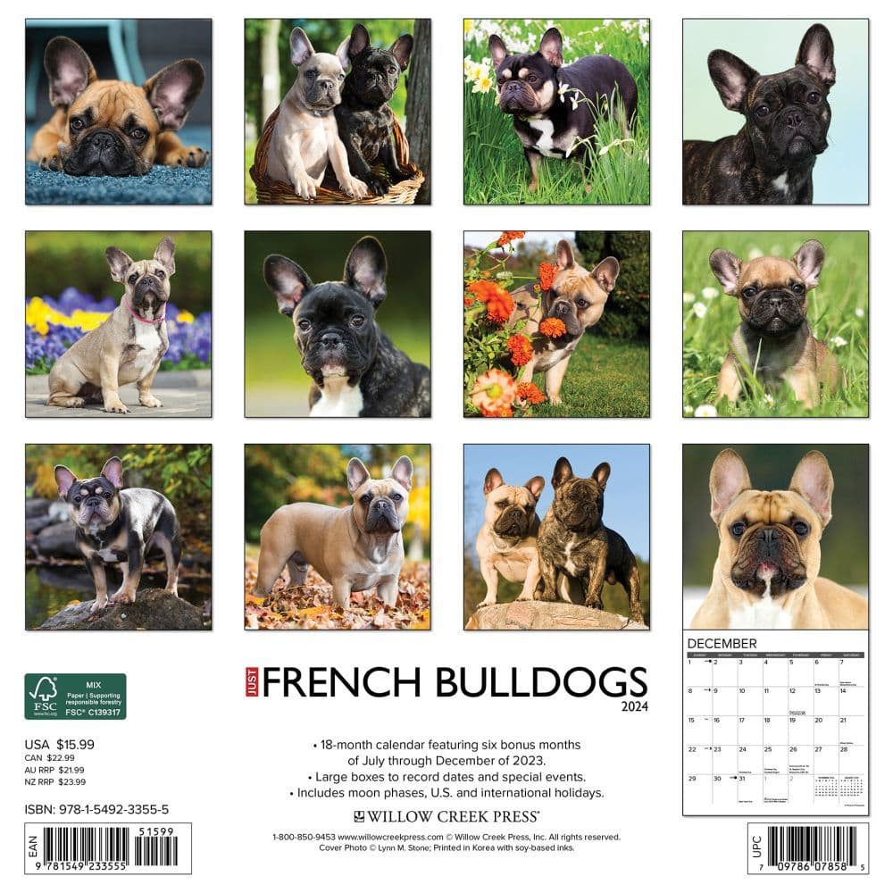 Just French Bulldogs 2024 Wall Calendar Back of Calendar width=&quot;1000&quot; height=&quot;1000&quot;