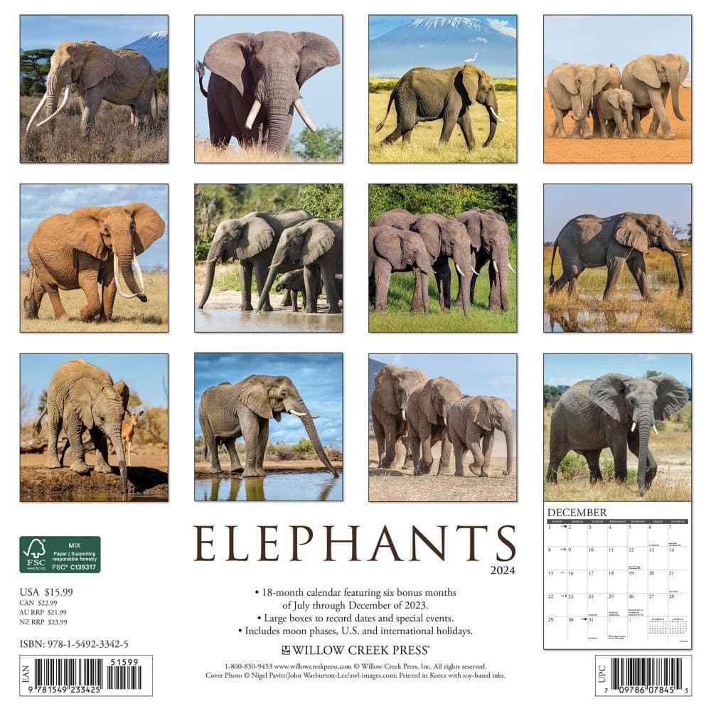 Elephants 2024 Wall Calendar Back of Calendar width=&quot;1000&quot; height=&quot;1000&quot;